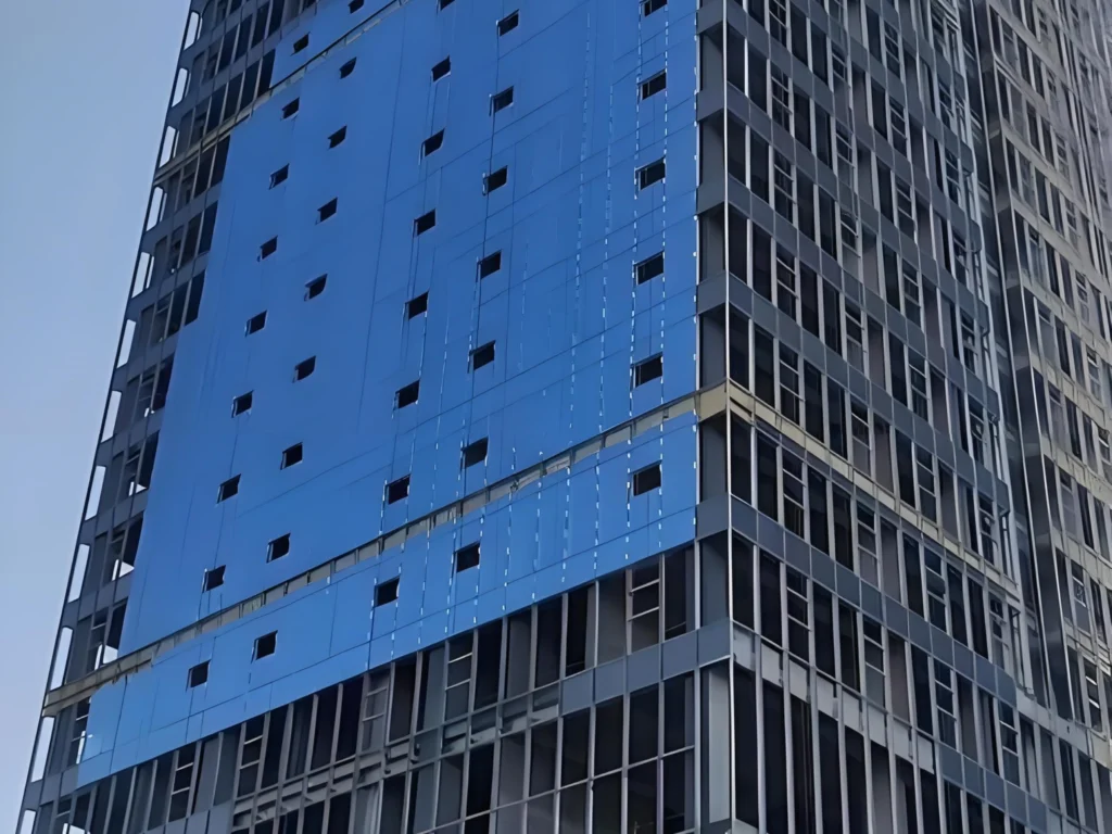 Blue tuff glass panel building